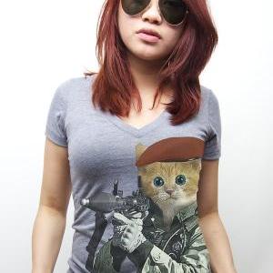 G.i. Kitty Cat T-shirt Heathered Grey S M L Xl 2xl