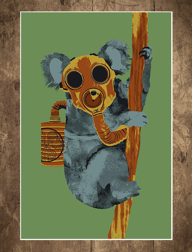 Wall Art, Koala, Dr. Who, Gas Mask, Tree, Branch, Doomsday Prepper, End Of The World, Art Print, 18 X 24