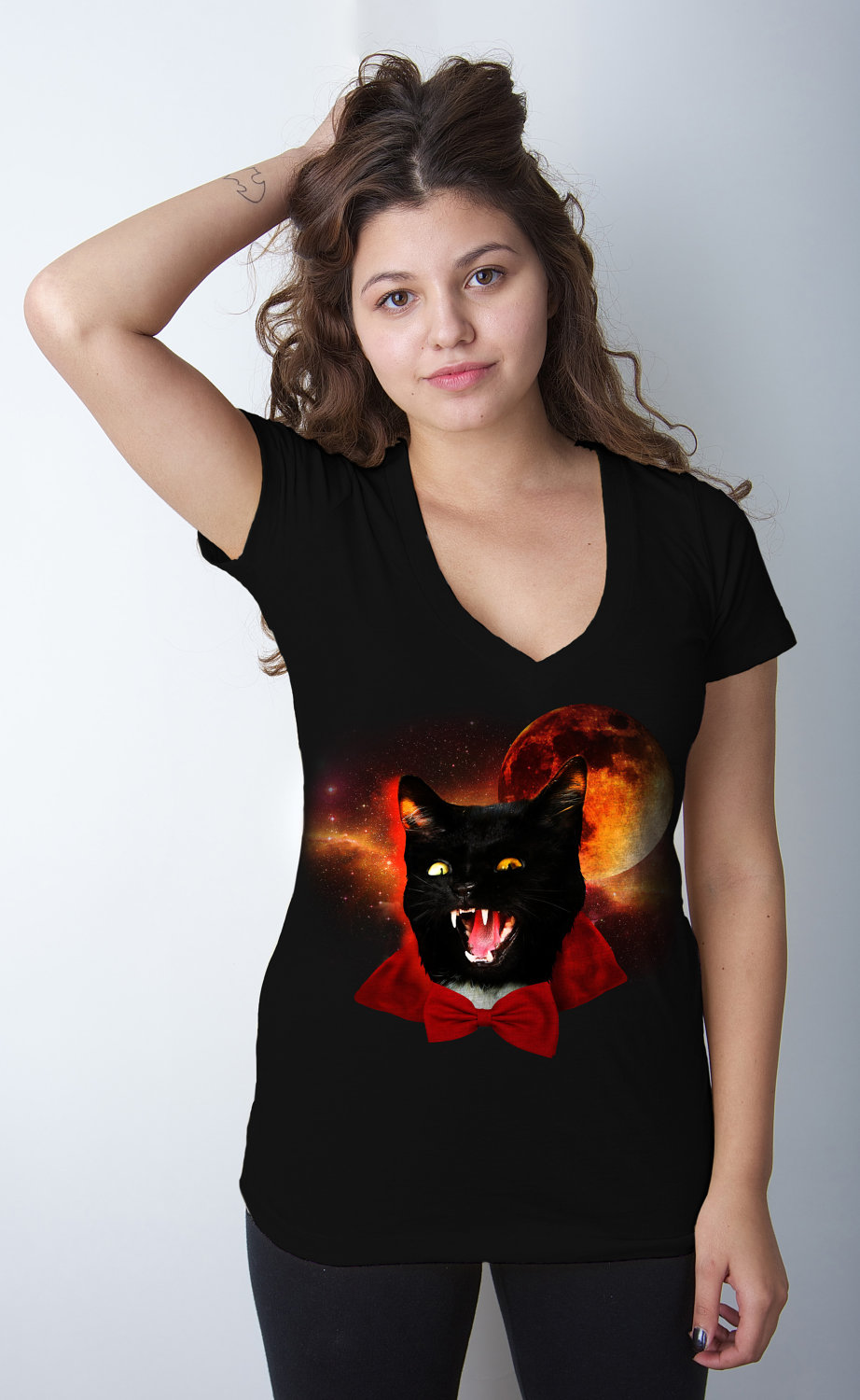Vampire Tshirt, Halloween Tee, Dracula Shirt, Cat Tshirt, Bowtie, Black Womens Tee Available S-2xl